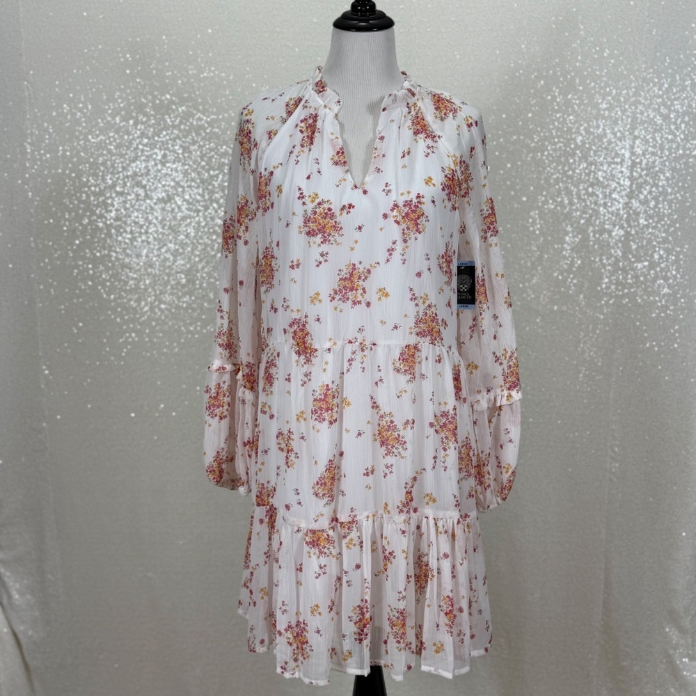Vince Camuto Floral Dress Womens L Long Sleeve V Neck Tiered Ruffle Boho - Picture 13 of 13